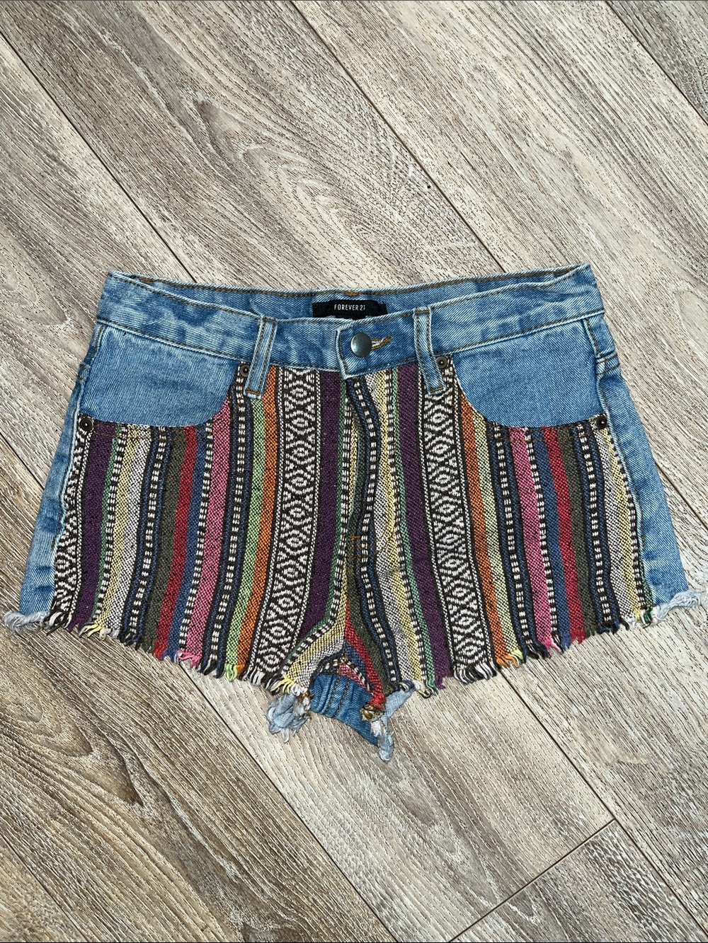Forever 21 Multicolor Striped Denim Patchwork Shorts - Blue